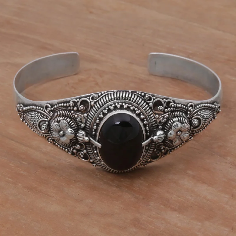 teardrop charm bracelet for women -Balinese Magic In Black Onyx & Silver Floral Bracelet