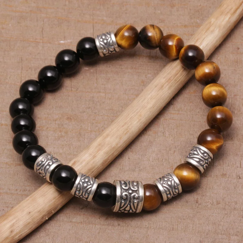 men’s cuff bracelet -Batuan Renaissance Men's Silver & Tiger's Eye Onyx Bracelet