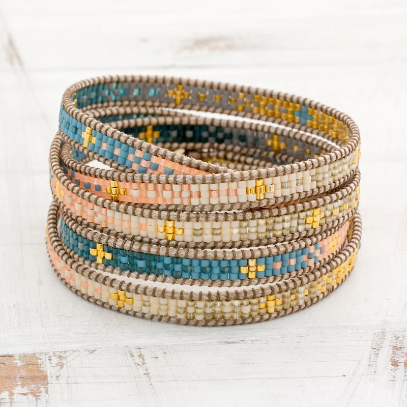 dainty cross bracelet for women -Cerro de la Cruz in Blue Glass Beaded Wrap Bracelet