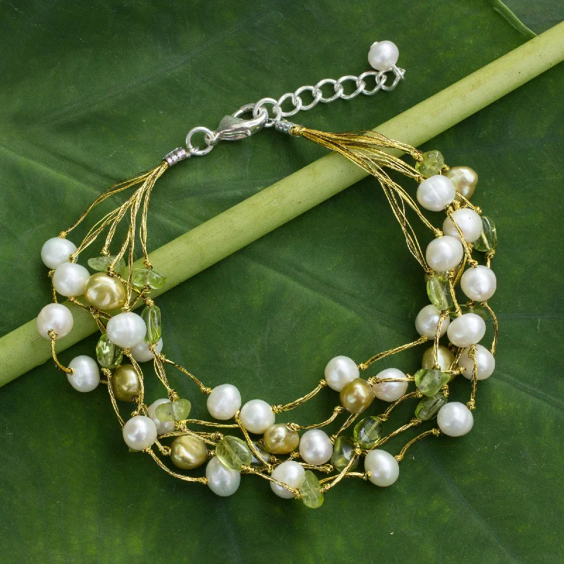 vintage silver bracelet for women -Cloud Forest Peridot & Pearl Beaded Bracelet