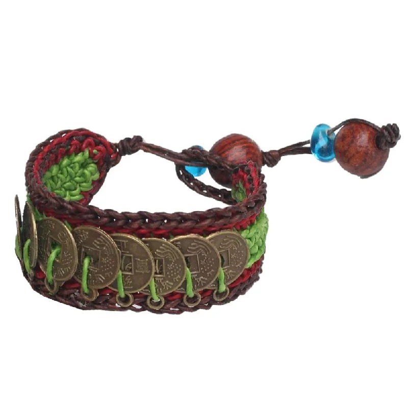 rose quartz bracelet for healing -Good Luck Wealth Protection Feng Shui Chinese Brass Coins on Red Green Brown Pair of Crocheted Wristband Bracelets (Thailand)