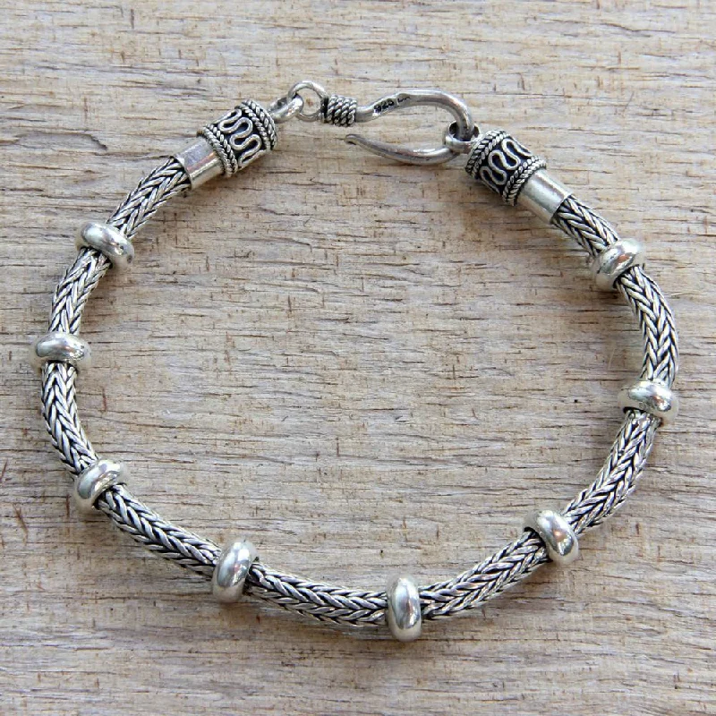 bar bracelet for women -Handmade Dragons Valor Strong Naga Snake Chain Bracelet with Rondelle Accents 925 Sterling Silver Mens Bracelet (Indonesia)