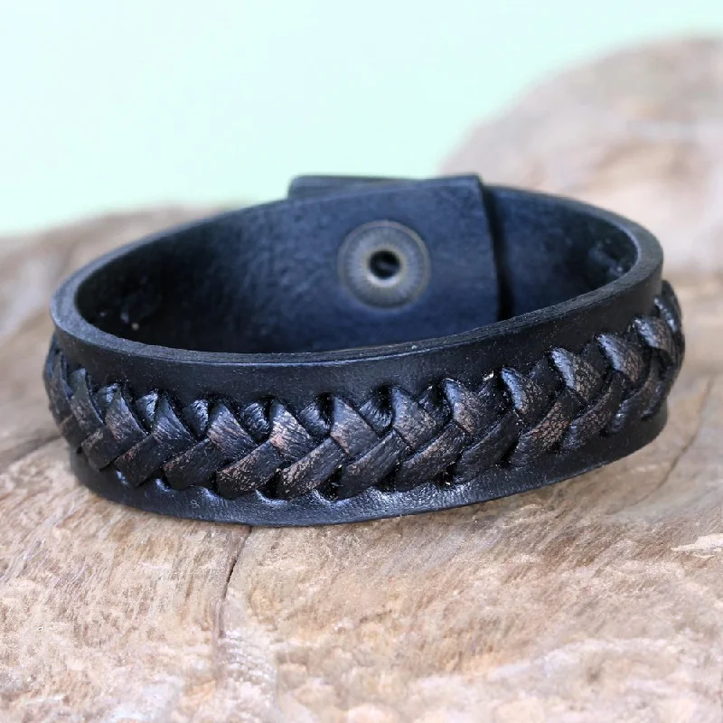 vintage charm bracelet for women -Handmade Leather Iron 'Black Kingdom Warrior' Bracelet (Indonesia) - 7'6" x 9'6"