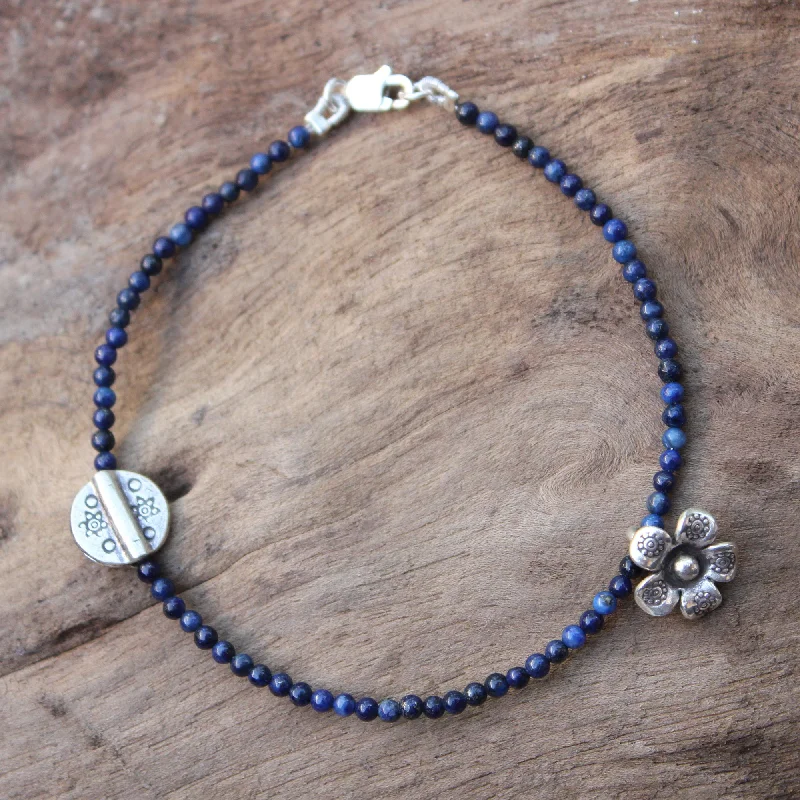 beaded bracelet for women -Hill Tribe River Lapis Lazuli & Silver Beaded Bracelet