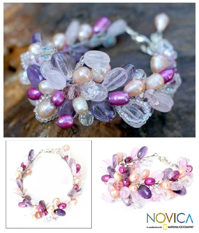 flower charm bracelet for women -Lavender Romance Pearl Beaded Bracelet