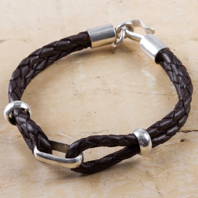 small charm bracelet for minimalist style -Men's Brown Leather & Sterling Silver Braided Bracelet