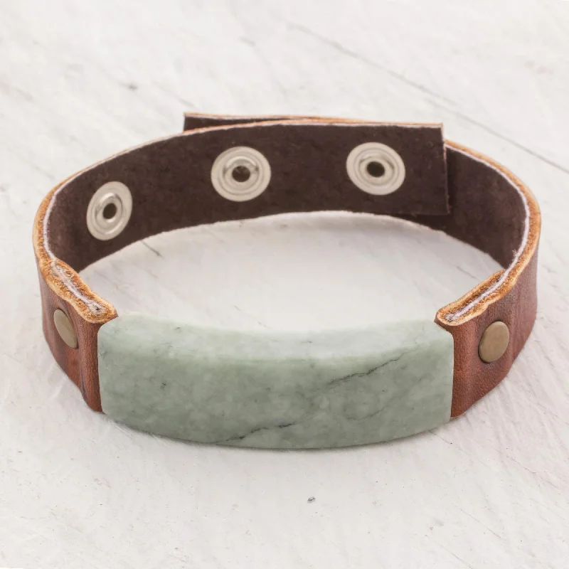 gold locket bracelet for keepsakes -Men's Jade & Leather Wristband Bracelet