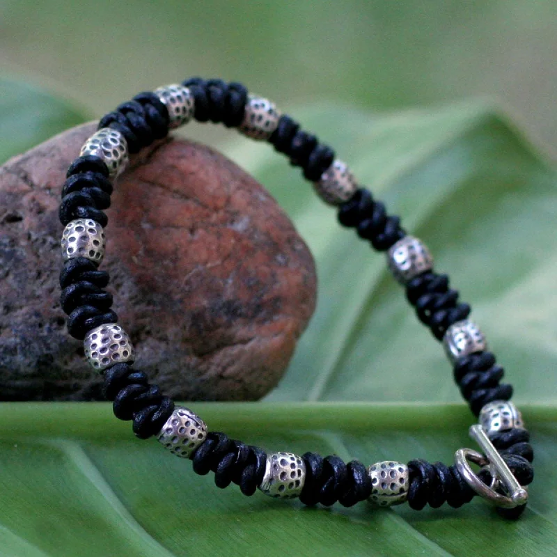 ruby bracelet for women -Men's Knotted Leather Bracelet with Silver Accents