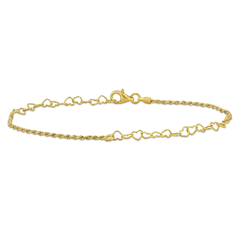 handmade gemstone bracelet -Miadora 3.3mm Heart Link and Rope Chain Bracelet in Yellow Plated Sterling Silver-7.5 in+1 ext