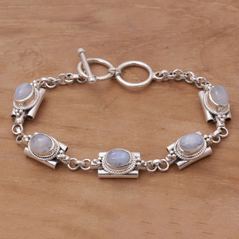 birthstone bracelet for moms -Misty Domes Silver & Rainbow Moonstone Bracelet