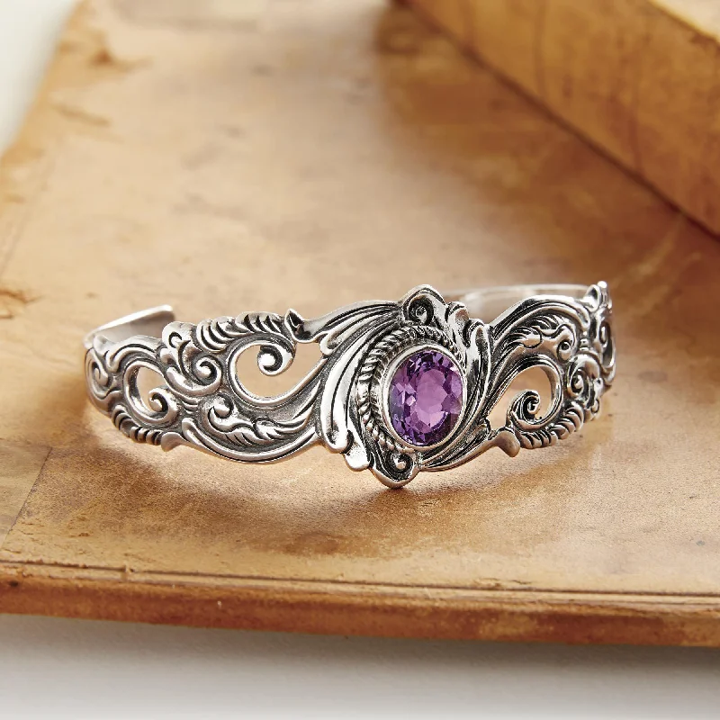 crystal bead bracelet for women -Amethyst & Silver Floral Paisley Cuff Bracelet