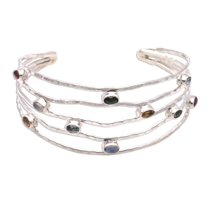 dainty pearl bracelet for bridesmaids -NOVICA Flow of Stars, Multi-gemstone cuff bracelet