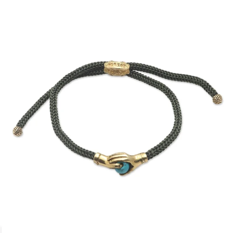 heart locket bracelet for gifts -NOVICA Golden Blue Handshake, Brass and turquoise unity bracelet