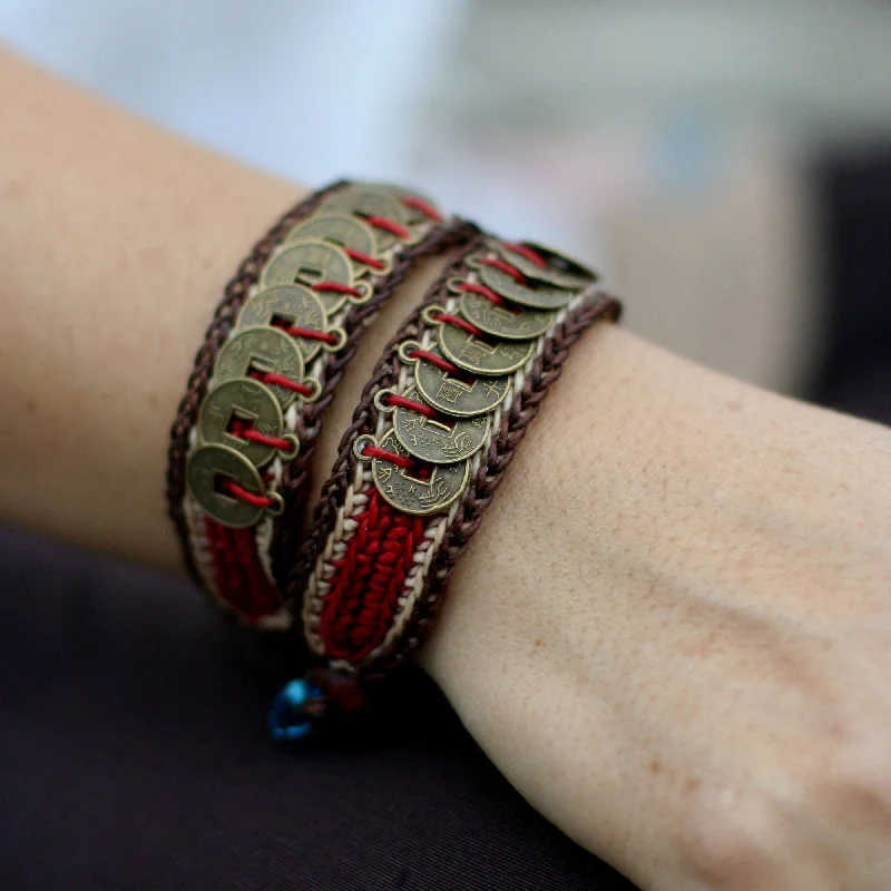 boho style bracelet for women -Coin & Wood Wristband Bracelets