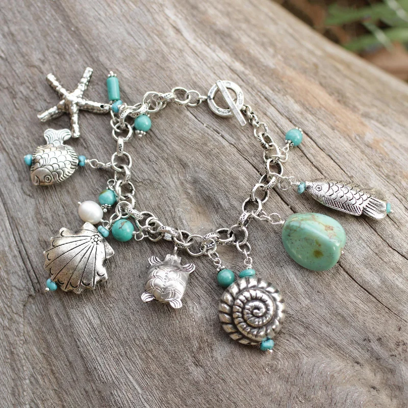 minimalist birthstone bracelet -Open Sea Turquoise & Pearl Charm Bracelet