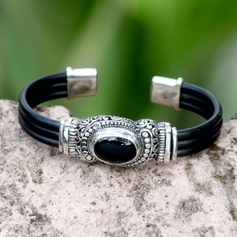 crystal healing bracelet for women -Royal Splendor Onyx Silver & Rubber Cuff Bracelet