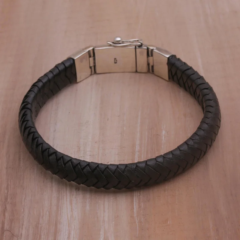 leather bracelet for men -Shrine Weave in Black Silver & Leather Bracelet