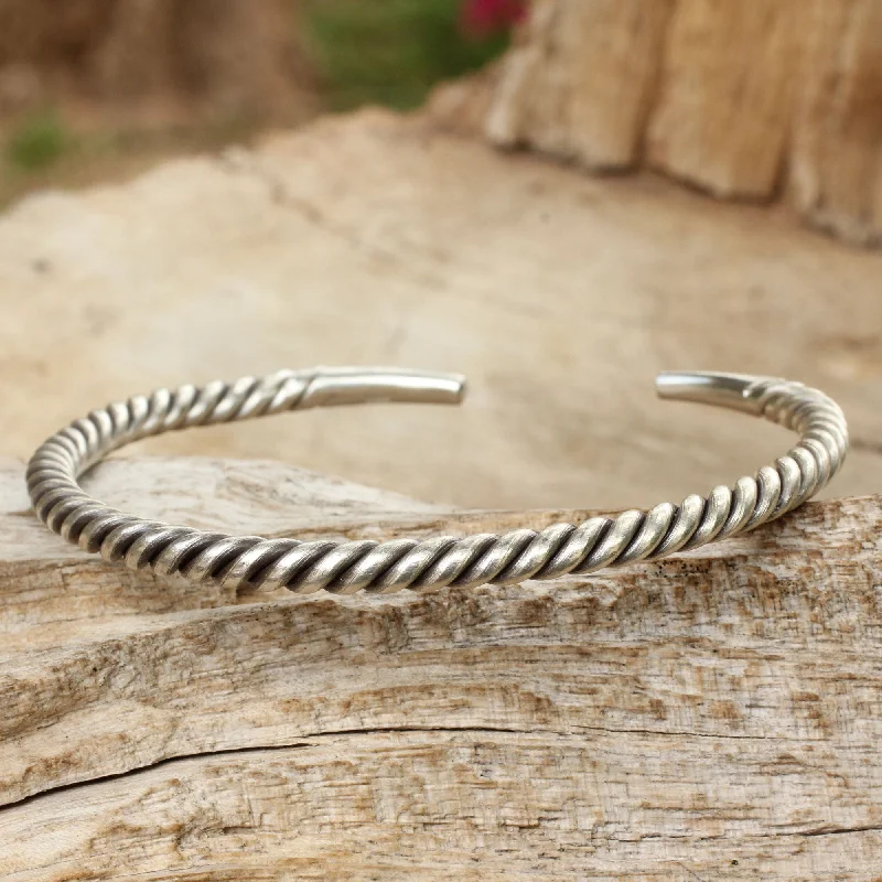 teardrop charm bracelet for women -Thai Swirl Silver Men's Twist Cuff Bracelet