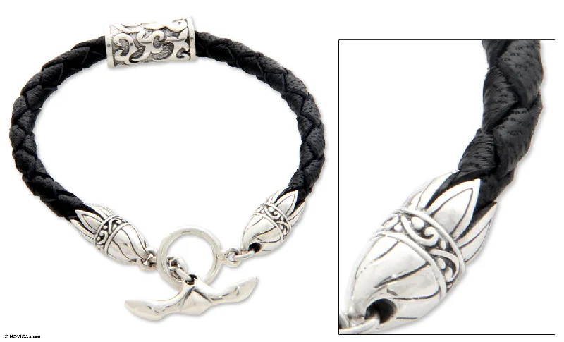 luxury gold bracelet for special occasions -Tribal Scroll Sterling Silver Leather Bracelet