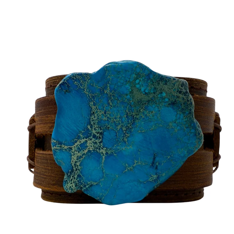 trendy bracelet for teens -Turquoise Slab on Snap Leather Cuff By Unbranded