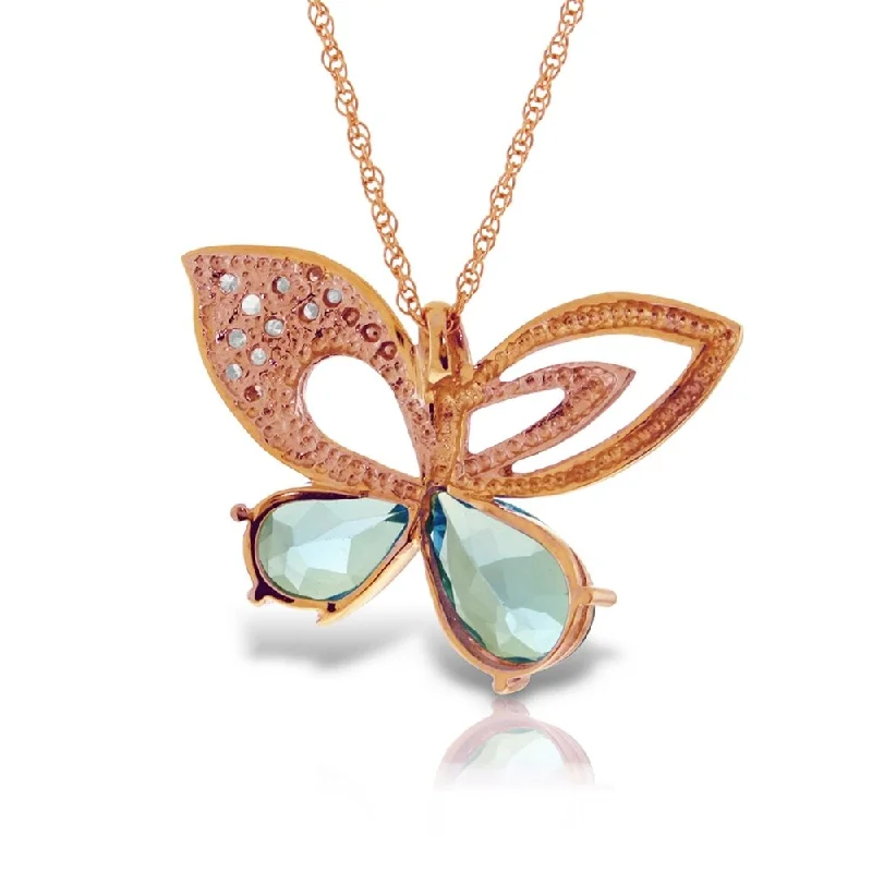 flower pendant necklace for women -14K Solid Rose Gold Batterfly Necklace with Natural Diamonds & Blue Topaz