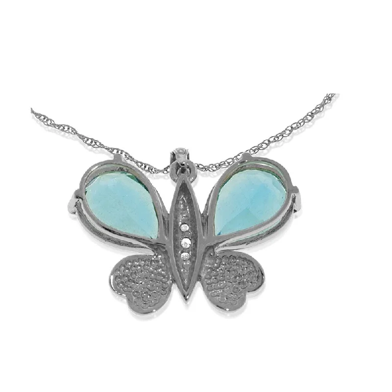 delicate gold chain necklace -14K Solid White Gold Batterfly Necklace with Natural Diamonds & Blue Topaz