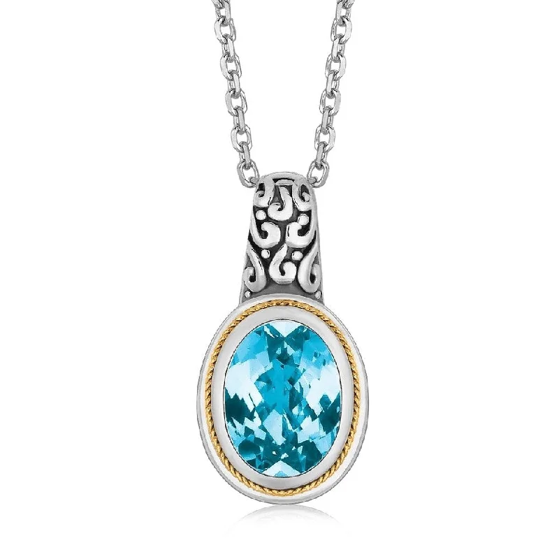 boho style necklace for women -18k Yellow Gold and Sterling Silver Necklace with Blue Topaz Milgrained Pendant