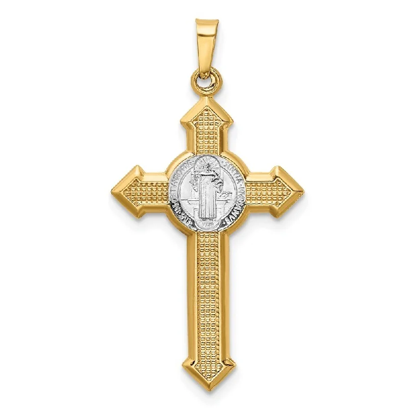 cubic zirconia necklace for women -Diamond2Deal 14K Two-Tone Gold Rhodium Plated Polished St. Benedict Medal INRI Crucifix Pendant (L- 37.5 mm, W- 19.5 mm)