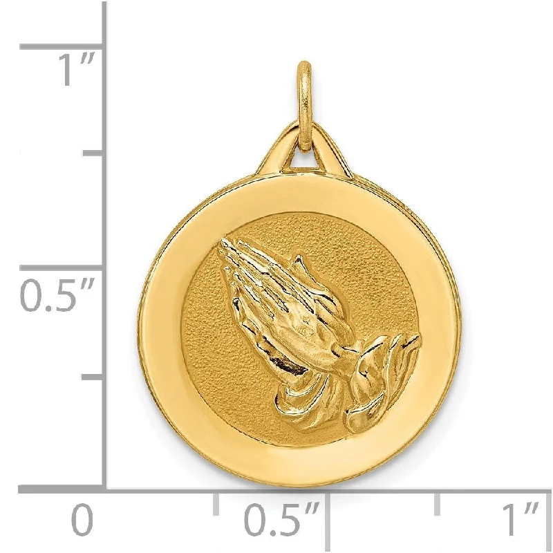 zodiac sign necklace for women -Diamond2Deal 14K Yellow Gold and Satin Solid Praying Hands Disc Pendant (L-27mm, W-18.54mm)