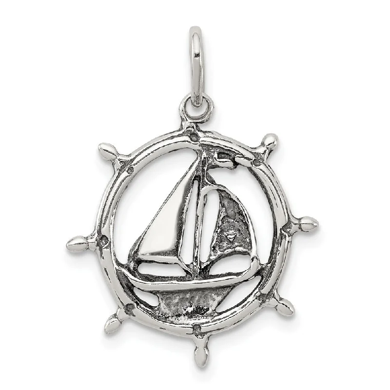 crystal pendant necklace for women -Diamond2Deal 925 Sterling Silver Antiqued Sailboat in Wheel Pendant (L- 24 mm, W- 23 mm)