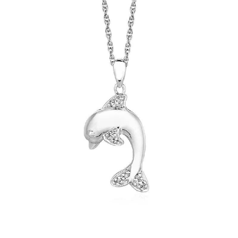 dainty gold necklace for layering -Dolphin Pendant with Diamonds in Sterling Silver