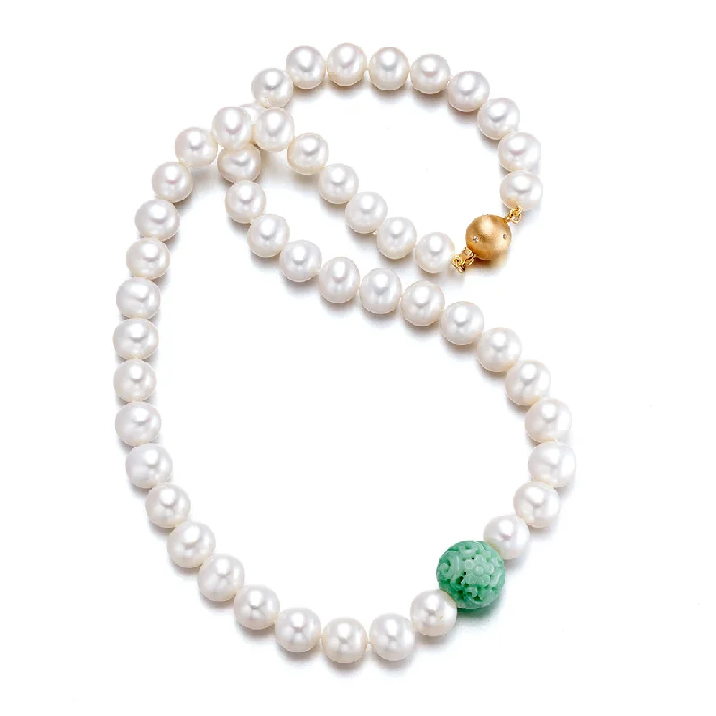 pearl necklace for brides -8.5mm Pearl & Carved Green Jade Dragon Ball Necklace