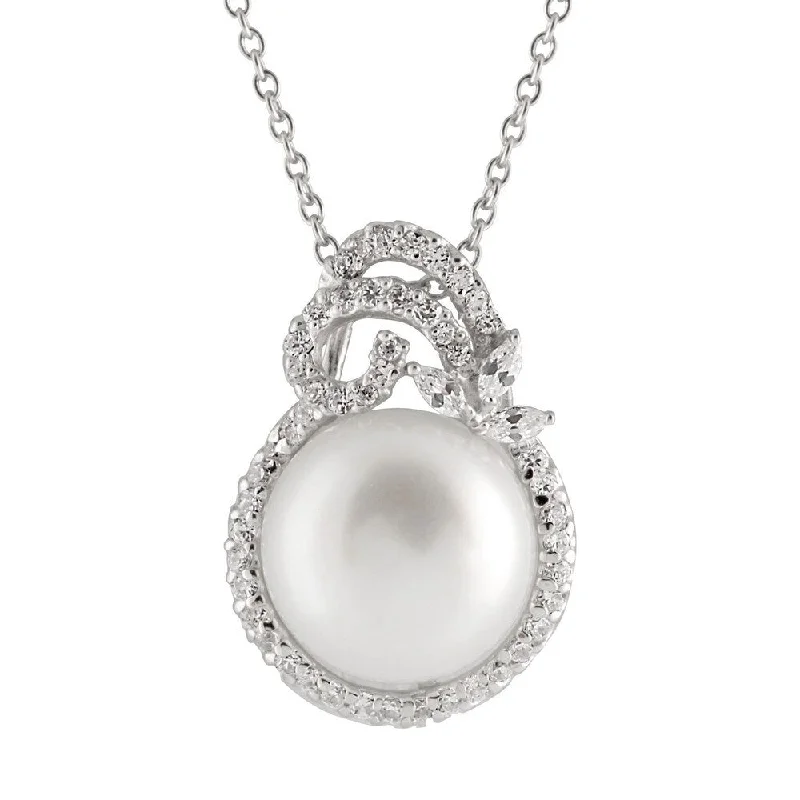 crystal healing necklace for women -Fancy Sterling Silver Cubic Zirconia Encrusted Pearl Pendant - White