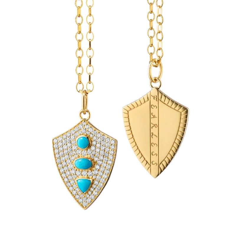 rose gold bar necklace for women -Fearless Shield with Turquoise and Pave Diamonds