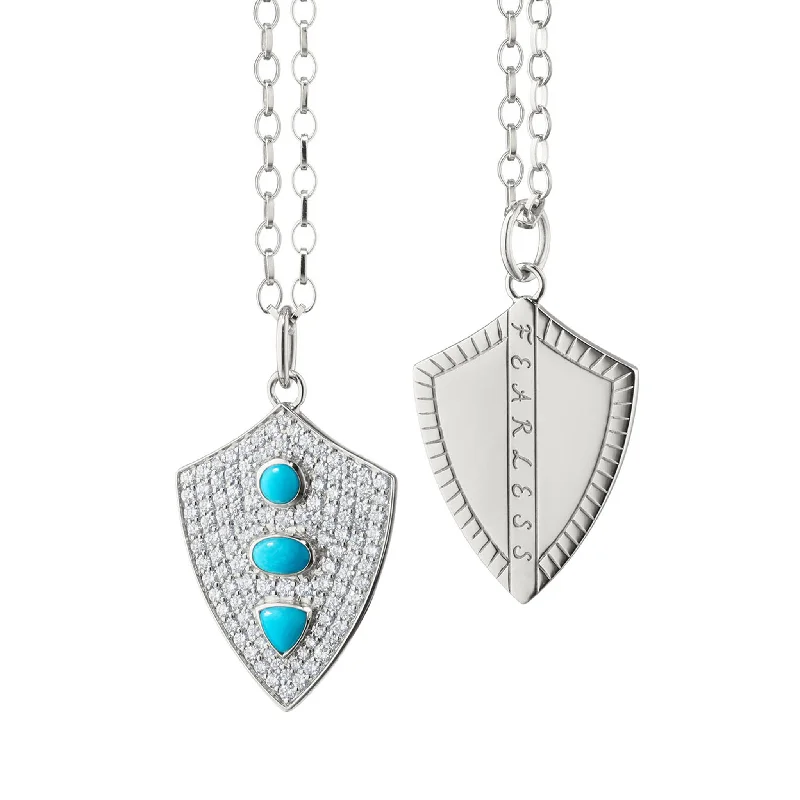 long pendant necklace for layering -Fearless Shield with Turquoise and Pave White Sapphires