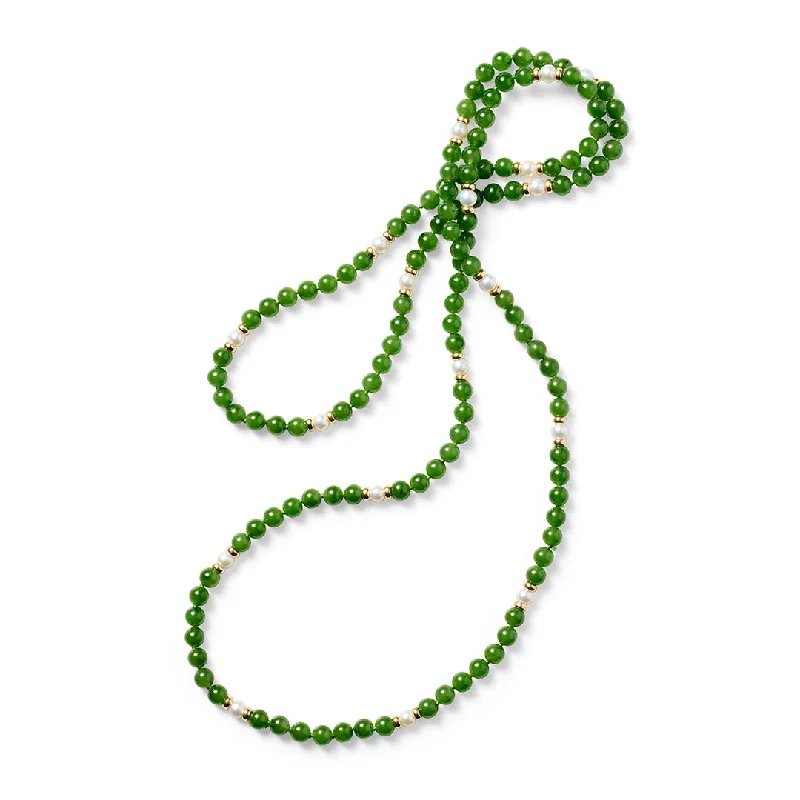 boho style necklace for women -5mm Green Nephrite Jade & Pearl Station Rope Necklace