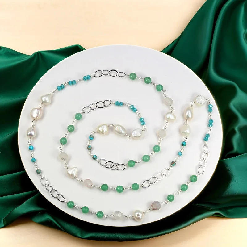 pearl necklace for brides -Green-Tone Gemstones and Cultured Freshwater Pearls Hand-wired Necklace