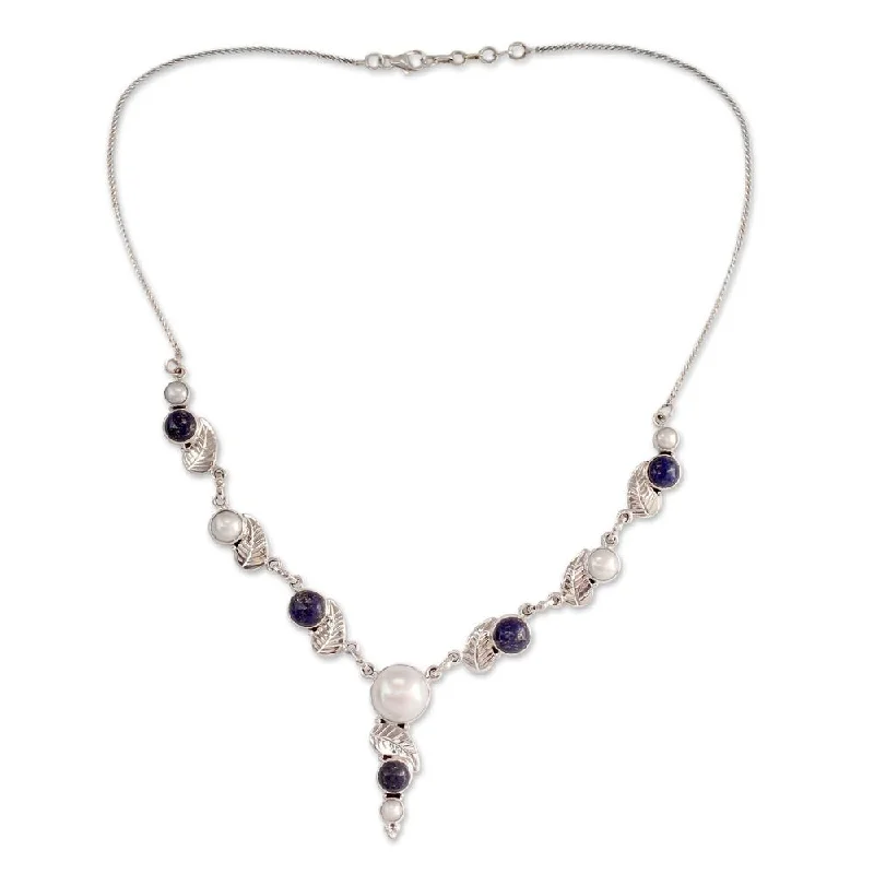 choker necklace for women -Handmade Silver 'Tropical Berry' Pearl Lapis Lazuli Necklace (4-12 mm) (India)