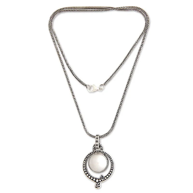 bohemian style necklace for women -Handmade Sterling Silver 'Angel Halo' Pearl Necklace (13 mm) (Indonesia)