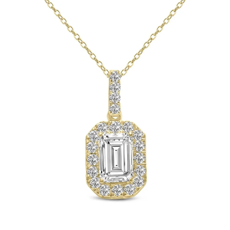 small pendant necklace for minimalist style -Marquee 1/2 Carat TW Emerald Cut Halo Lab Grown Diamond Pendant in 14K Yellow Gold