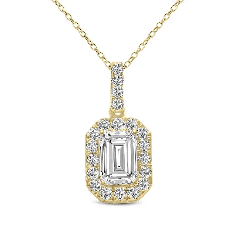 crystal healing necklace for women -Marquee 1.50 Carat TW Emerald Cut Halo Lab Grown Diamond Pendant in 14K Yellow Gold