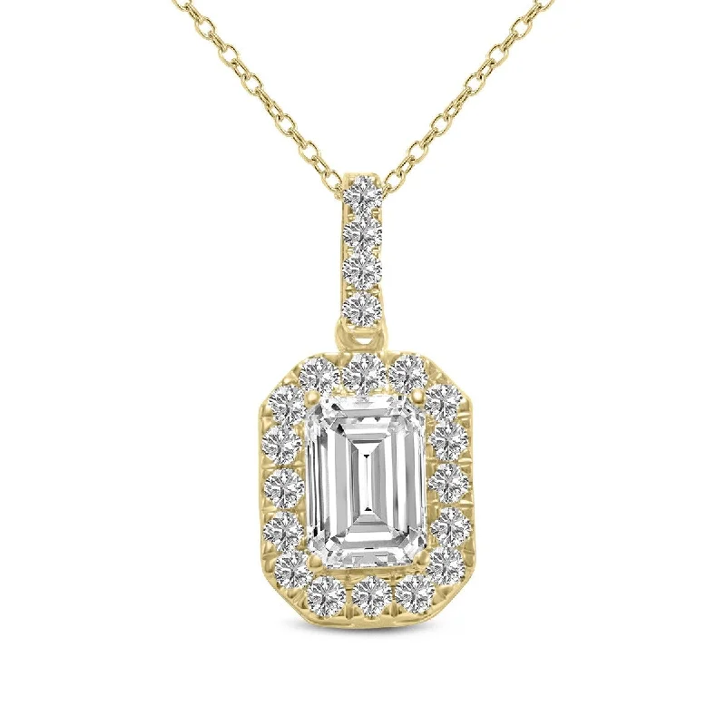 flower pendant necklace for women -Marquee 2 Carat TW Emerald Cut Halo Lab Grown Diamond Pendant in 14K Yellow Gold