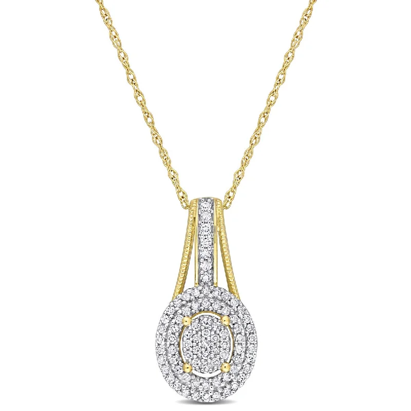 engraved birthstone necklace for moms -Miadora 1/4ct TDW Diamond Double Halo Oval Cluster Pendant Chain in 10k Yellow Gold