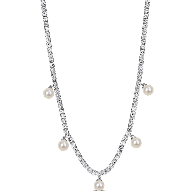 trendy necklace for teens -Miadora Cultured Freshwater Pearl 9 1/4ct Created White Sapphire Necklace in Sterling Silver