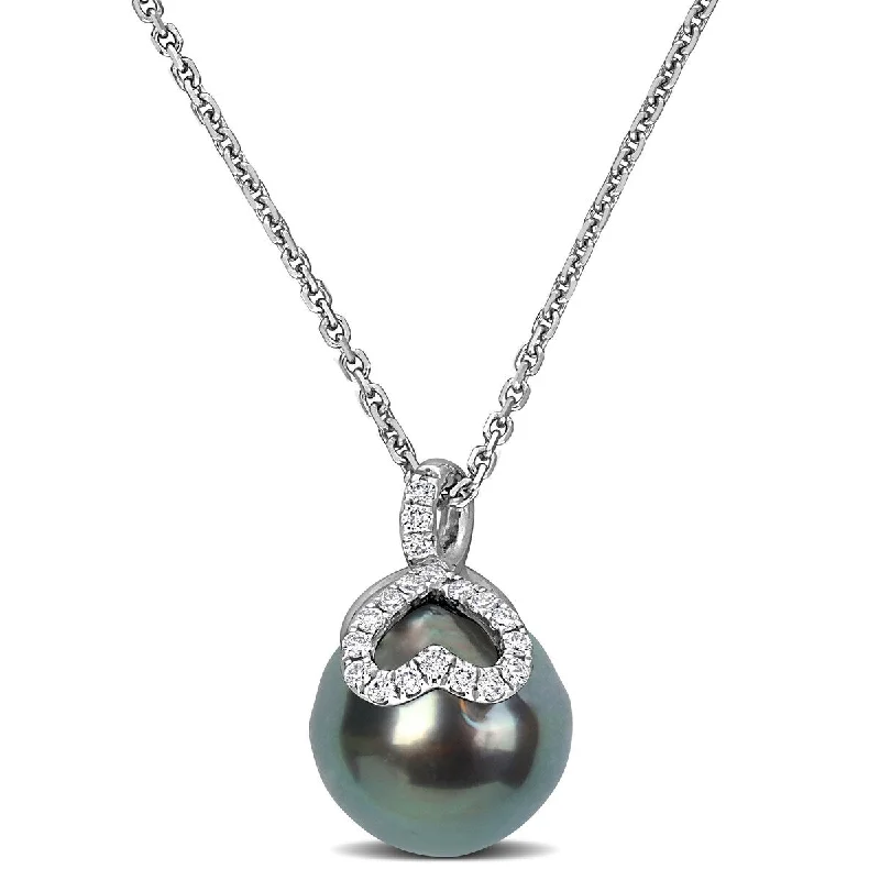 romantic heart necklace for girlfriend -Miadora Cultured Tahitian Pearl 1/10ct Diamond Heart Necklace in 14k White Gold