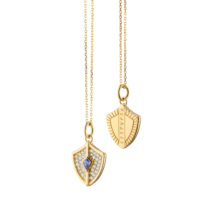 silver heart necklace for women -Mini Fearless Shield with Pave Diamonds and Kite Blue Sapphire