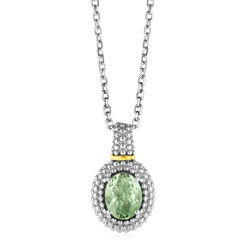 elegant pearl necklace for weddings -Necklace with Oval Green Amethyst Pendant in Sterling Silver and 18k Yellow Gold