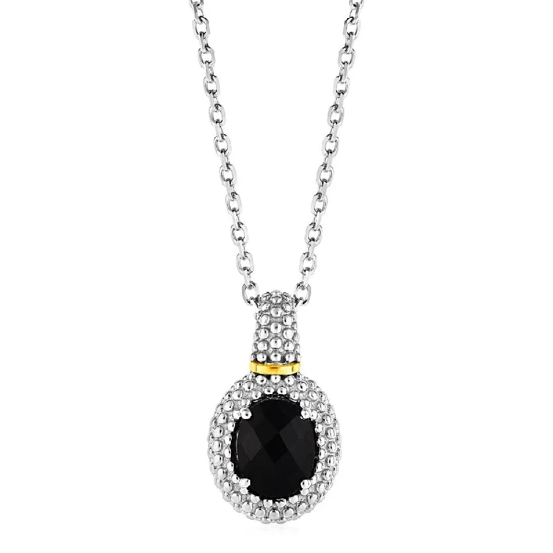 angel number necklace for women -Necklace with Oval Onyx Pendant in Sterling Silver and 18k Yellow Gold