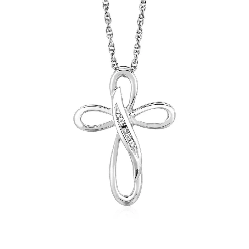 bar necklace for women -Open Cross Pendant with Leaf Motif Detail with Diamonds in Sterling Silver