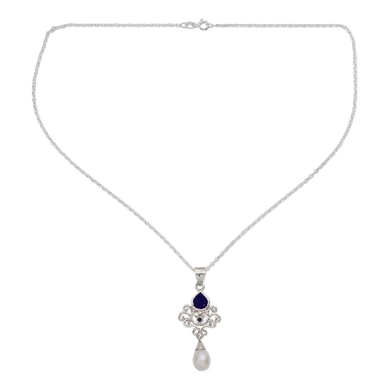 double heart necklace for couples -Silver 'Azure Crown' Pearl Multi-gemstone Necklace (10 mm) (India)